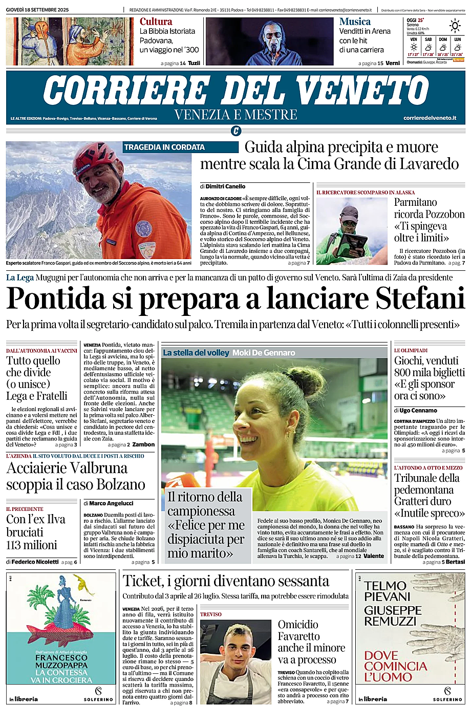 Prima pagina Corriere del Veneto di oggi - Edicola 18 Settembre 2025