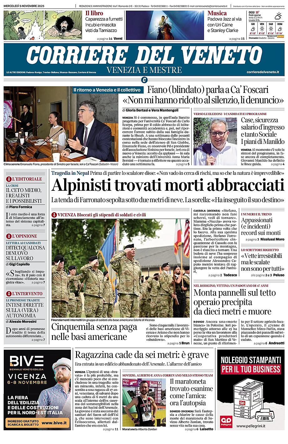 Prima pagina Corriere del Veneto di oggi - Edicola 5 Novembre 2025