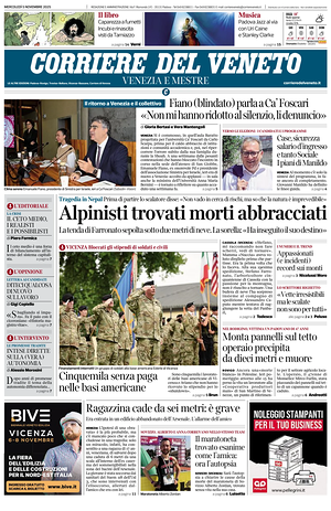 Prima pagina Corriere del Veneto di oggi - Quotidiano regionale