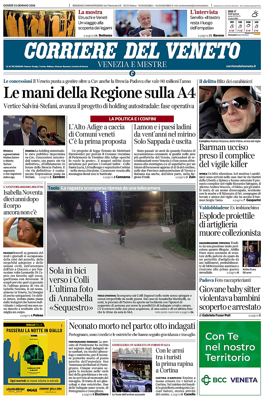 Prima pagina Corriere del Veneto di oggi - Edicola 15 Gennaio 2026