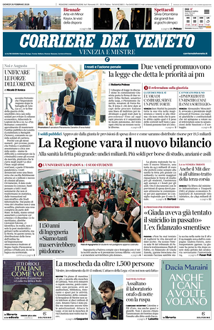 Prima pagina Corriere del Veneto di oggi - Quotidiano regionale