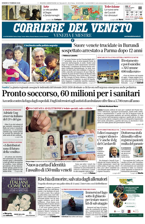 Prima pagina Corriere del Veneto di oggi - Quotidiano regionale