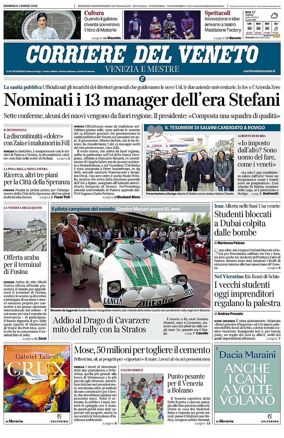 Prima pagina Corriere del Veneto di oggi - Edicola 1 Marzo 2026