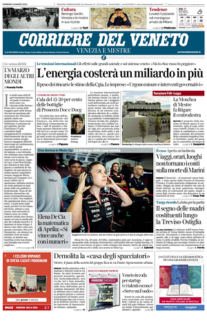 Prima pagina Corriere del Veneto di oggi - Quotidiano regionale