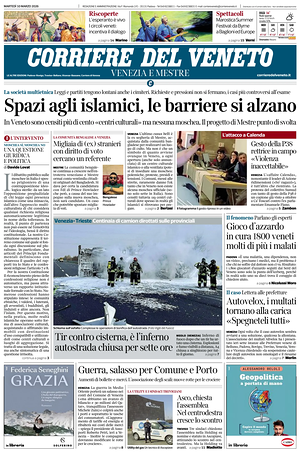 Prima pagina Corriere del Veneto di oggi - Quotidiano regionale