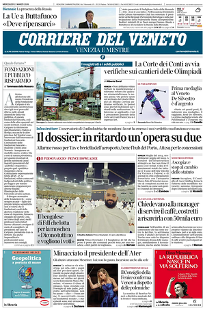 Prima pagina Corriere del Veneto di oggi - Quotidiano regionale