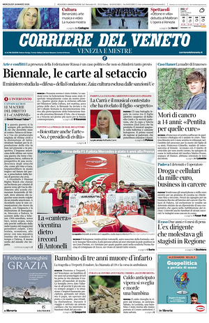 Prima pagina Corriere del Veneto di oggi - Quotidiano regionale