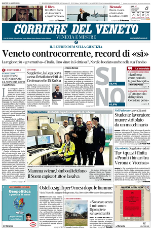 Prima pagina Corriere del Veneto di oggi - Quotidiano regionale