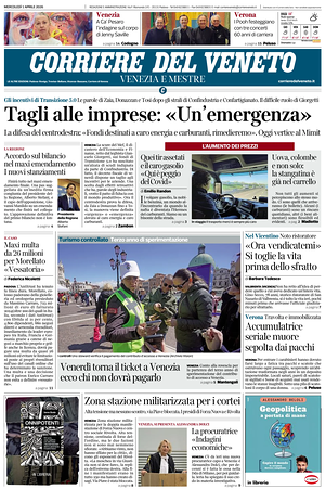 Prima pagina Corriere del Veneto di oggi - Quotidiano regionale