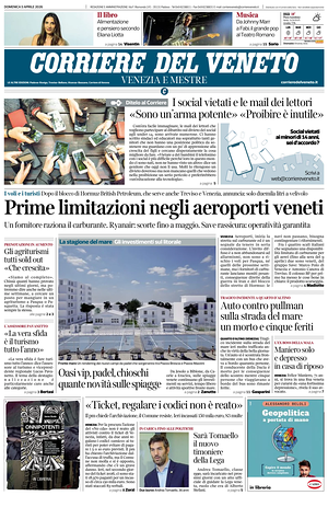 Prima pagina Corriere del Veneto di oggi - Quotidiano regionale