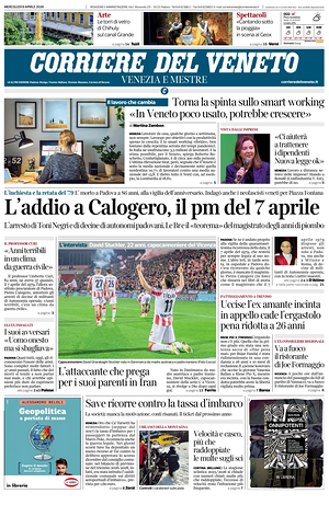 Prima pagina Corriere del Veneto di oggi - Quotidiano regionale
