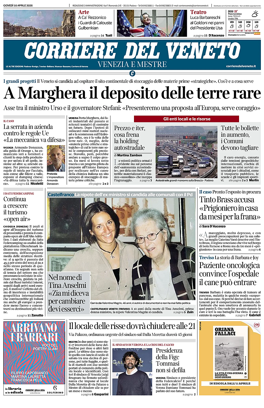 Prima pagina Corriere del Veneto di oggi - Edicola 16 Aprile 2026
