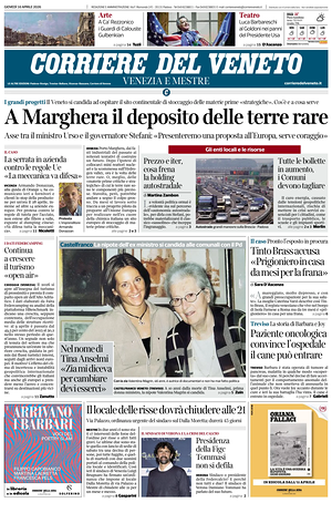 Prima pagina Corriere del Veneto di oggi - Quotidiano regionale