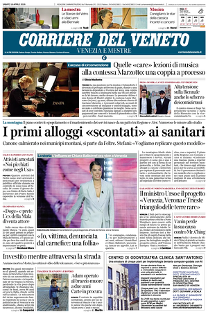 Prima pagina Corriere del Veneto di oggi - Quotidiano regionale