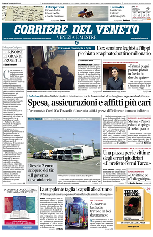 Prima pagina Corriere del Veneto di oggi - Quotidiano regionale
