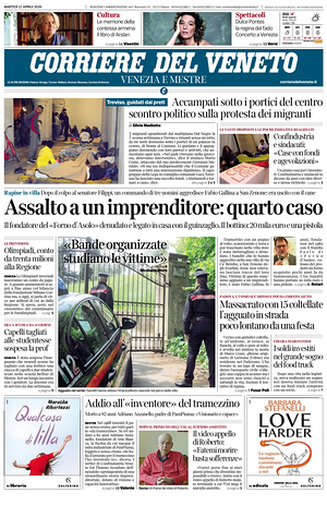 Prima pagina Corriere del Veneto di oggi - Quotidiano regionale