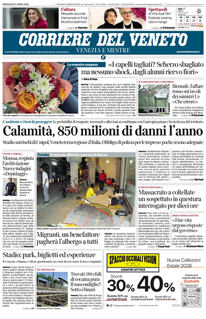 Prima pagina Corriere del Veneto di oggi - Quotidiano regionale