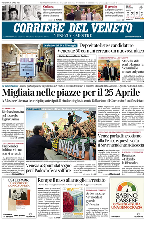 Prima pagina Corriere del Veneto di oggi - Quotidiano regionale