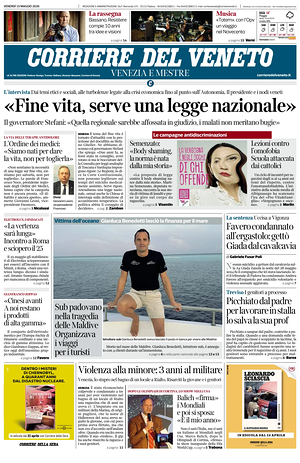 Prima pagina Corriere del Veneto di oggi - Quotidiano regionale