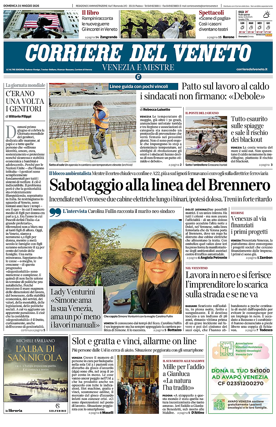 Prima pagina Corriere del Veneto di oggi - Edicola 31 Maggio 2026