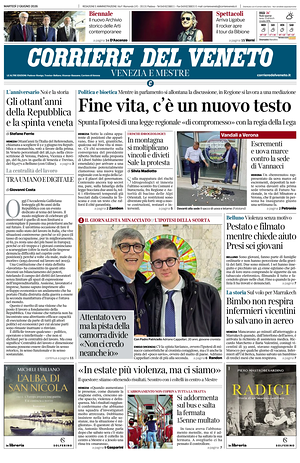 Prima pagina Corriere del Veneto di oggi - Quotidiano regionale