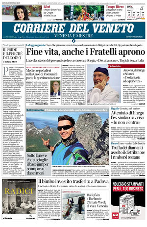 Prima pagina Corriere del Veneto di oggi - Quotidiano regionale