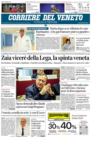 Prima pagina Corriere del Veneto di oggi - Quotidiano regionale