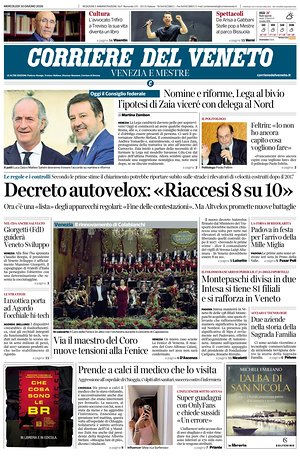 Prima pagina Corriere del Veneto di oggi - Quotidiano regionale