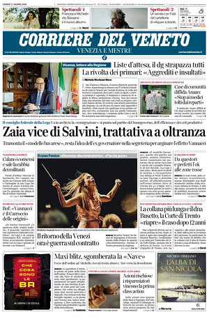 Prima pagina Corriere del Veneto di oggi - Quotidiano regionale