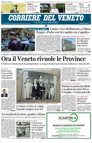 Prima pagina Corriere del Veneto di oggi - Quotidiano regionale