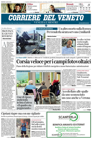 Prima pagina Corriere del Veneto di oggi - Quotidiano regionale
