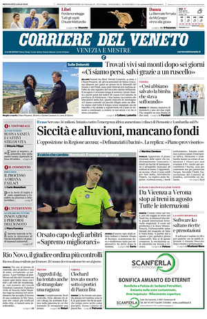 Prima pagina Corriere del Veneto di oggi - Quotidiano regionale