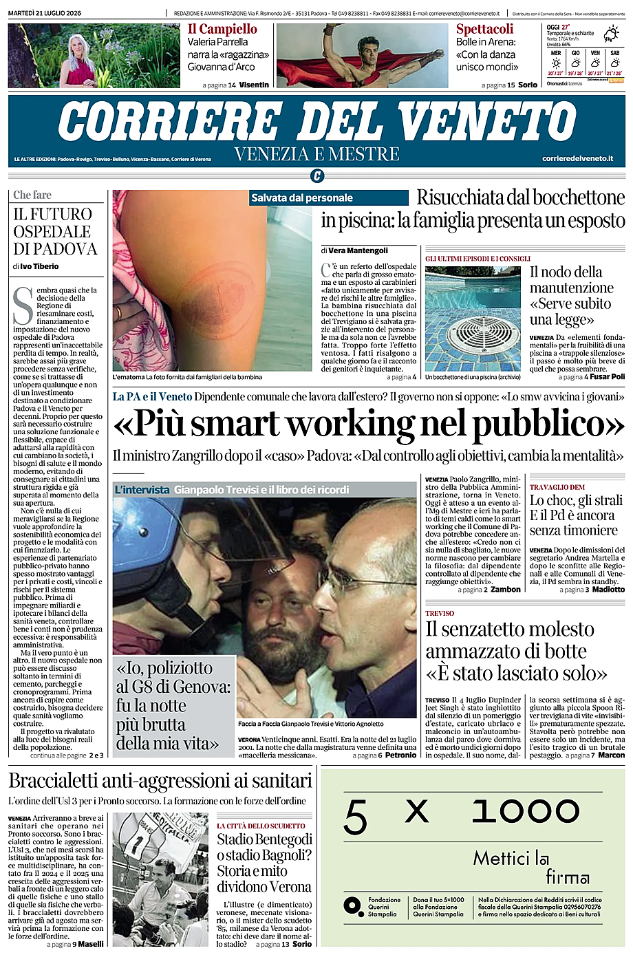 Prima pagina Corriere del Veneto di oggi - Edicola 21 Luglio 2026