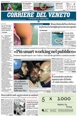Prima pagina Corriere del Veneto di oggi - Quotidiano regionale