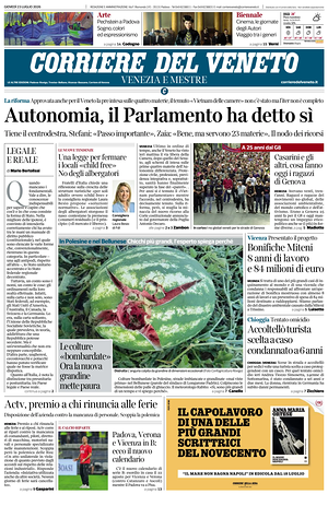 Prima pagina Corriere del Veneto di oggi - Quotidiano regionale