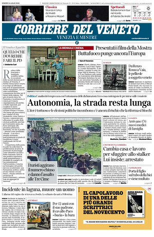 Prima pagina Corriere del Veneto di oggi - Quotidiano regionale