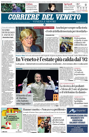 Prima pagina Corriere del Veneto di oggi - Quotidiano regionale