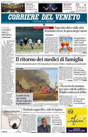 Prima pagina Corriere del Veneto di oggi - Quotidiano regionale