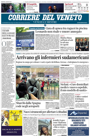 Prima pagina Corriere del Veneto di oggi - Quotidiano regionale