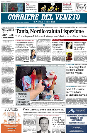 Prima pagina Corriere del Veneto di oggi - Quotidiano regionale