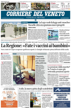 Prima pagina Corriere del Veneto di oggi - Quotidiano regionale