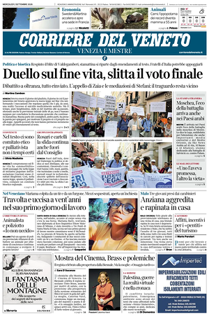 Prima pagina Corriere del Veneto di oggi - Quotidiano regionale