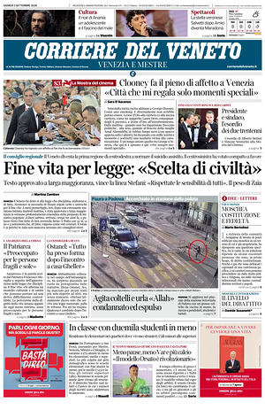 Prima pagina Corriere del Veneto di oggi - Quotidiano regionale