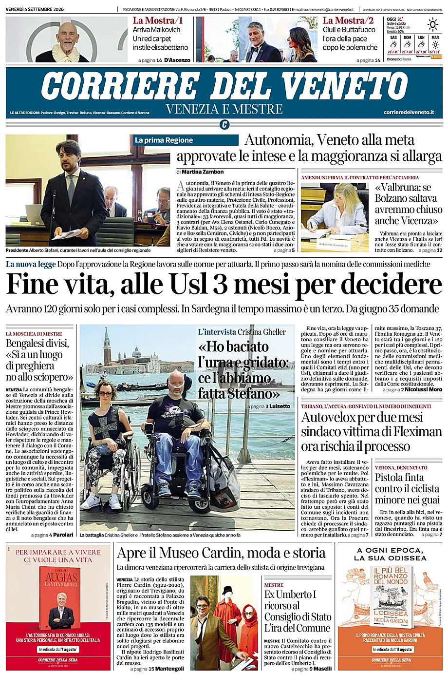 Prima pagina Corriere del Veneto di oggi - Edicola 4 Settembre 2026