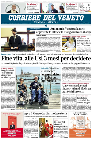 Prima pagina Corriere del Veneto di oggi - Quotidiano regionale