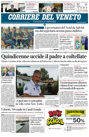 Prima pagina Corriere del Veneto di oggi - Quotidiano regionale