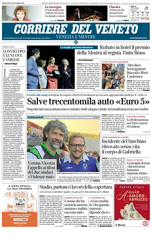 Prima pagina Corriere del Veneto di oggi - Quotidiano regionale