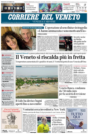 Prima pagina Corriere del Veneto di oggi - Quotidiano regionale
