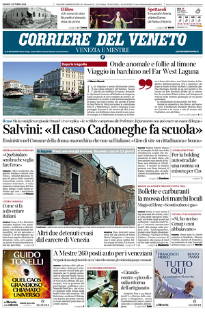 Prima pagina Corriere del Veneto di oggi - Quotidiano regionale