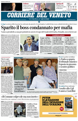Prima pagina Corriere del Veneto di oggi - Quotidiano regionale